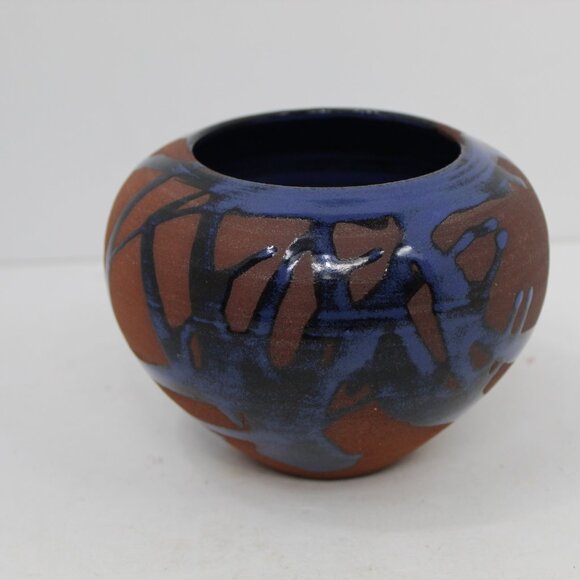 Vintage Tenmoku Redware Blue Glaze Drip Pottery Vase Signed Jon Mehr Vase - Picture 1 of 5